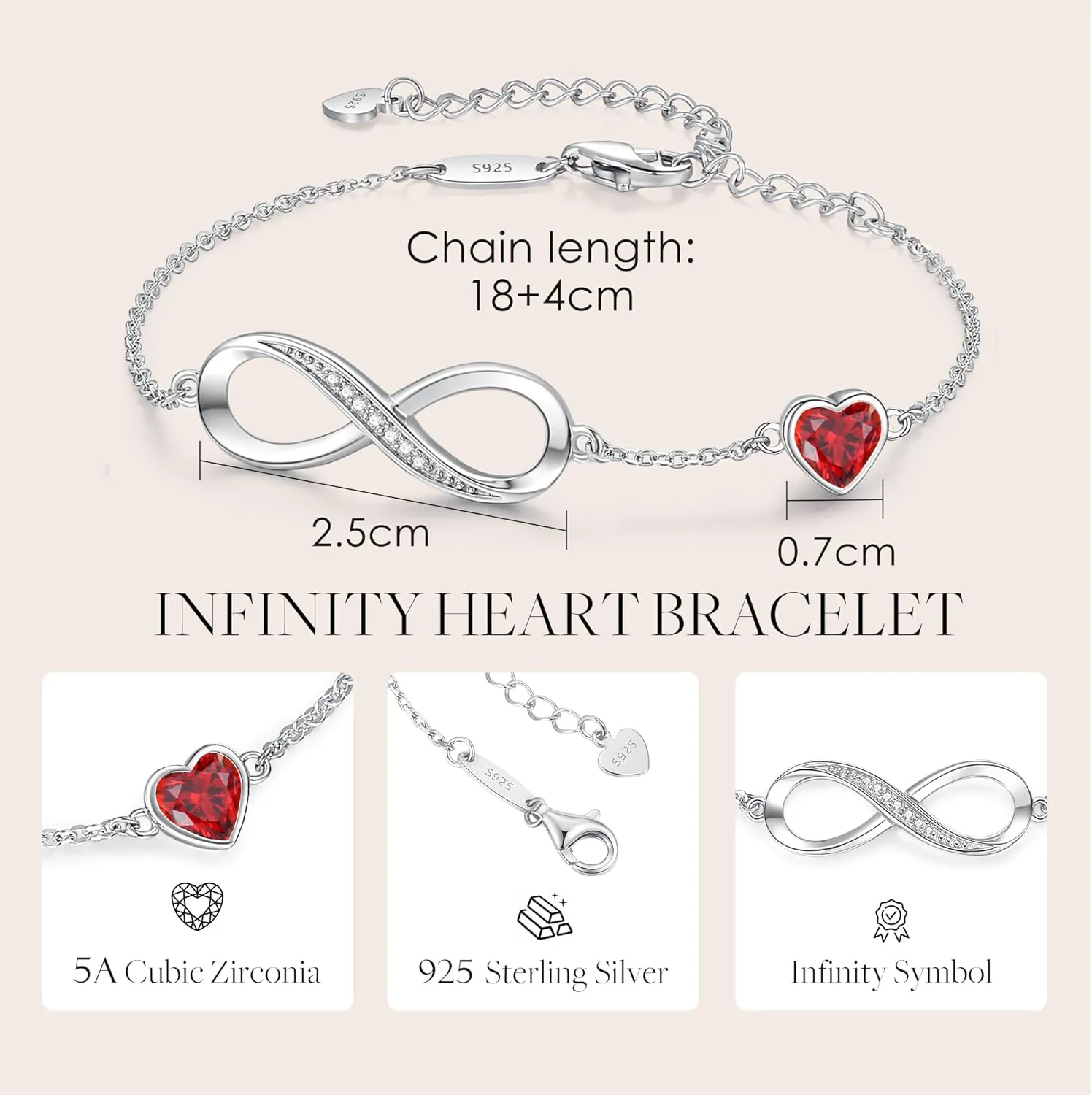 CDE Infinity Heart Birthstone Charm Link Bracelet for Women 925 Sterling Silver Adjustable Mother's Day Gift Anniversary Birthday Jewelry for Wife Girlfriend Her
