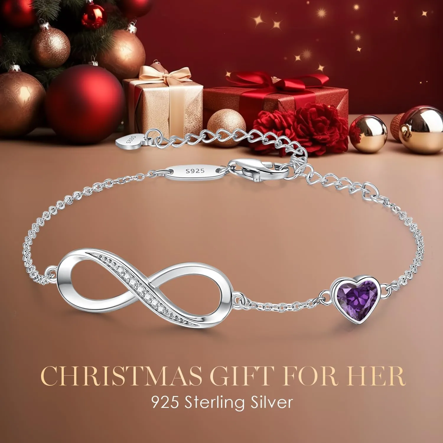 CDE Infinity Heart Birthstone Charm Link Bracelet for Women 925 Sterling Silver Adjustable Mother's Day Gift Anniversary Birthday Jewelry for Wife Girlfriend Her