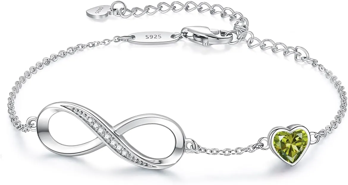 CDE Infinity Heart Birthstone Charm Link Bracelet for Women 925 Sterling Silver Adjustable Mother's Day Gift Anniversary Birthday Jewelry for Wife Girlfriend Her