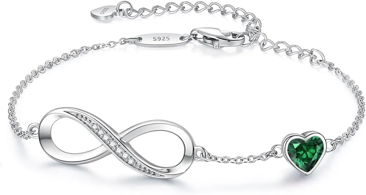 CDE Infinity Heart Birthstone Charm Link Bracelet for Women 925 Sterling Silver Adjustable Mother's Day Gift Anniversary Birthday Jewelry for Wife Girlfriend Her