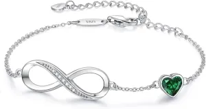 CDE Infinity Heart Birthstone Charm Link Bracelet for Women 925 Sterling Silver Adjustable Mother's Day Gift Anniversary Birthday Jewelry for Wife Girlfriend Her