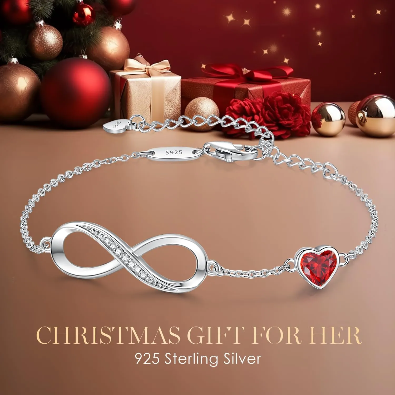 CDE Infinity Heart Birthstone Charm Link Bracelet for Women 925 Sterling Silver Adjustable Mother's Day Gift Anniversary Birthday Jewelry for Wife Girlfriend Her