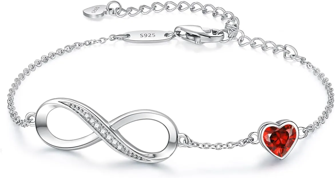 CDE Infinity Heart Birthstone Charm Link Bracelet for Women 925 Sterling Silver Adjustable Mother's Day Gift Anniversary Birthday Jewelry for Wife Girlfriend Her
