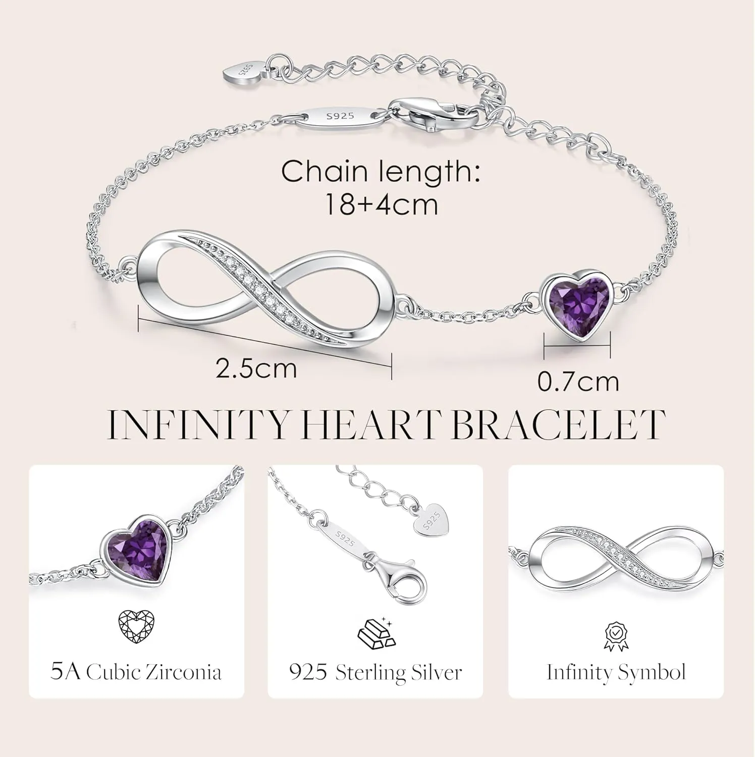 CDE Infinity Heart Birthstone Charm Link Bracelet for Women 925 Sterling Silver Adjustable Mother's Day Gift Anniversary Birthday Jewelry for Wife Girlfriend Her