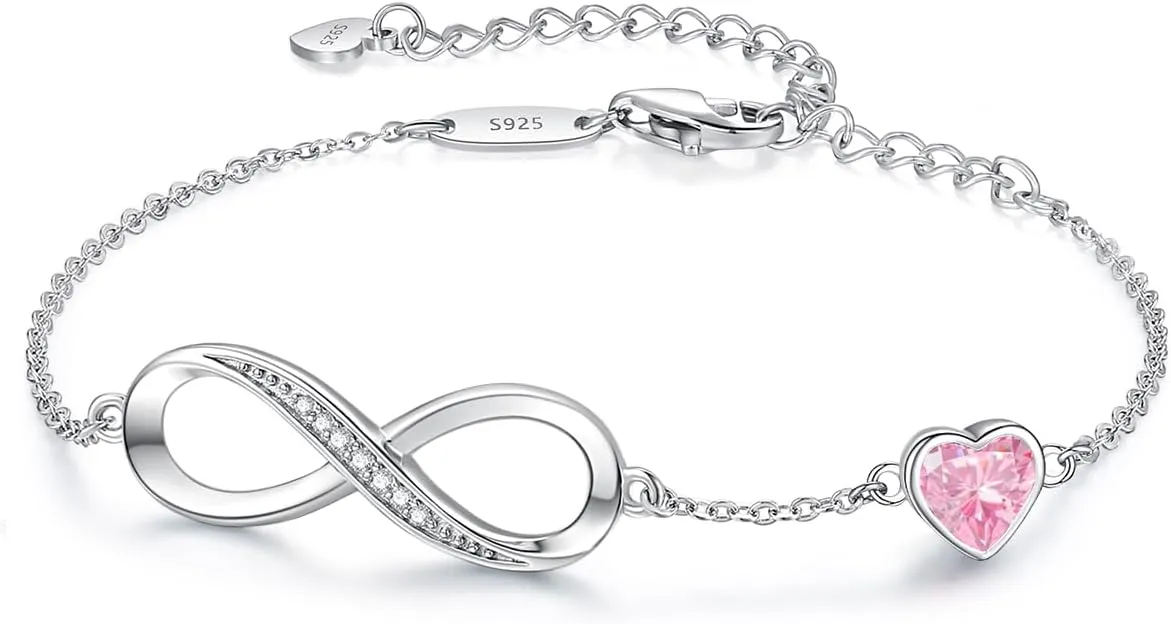 CDE Infinity Heart Birthstone Charm Link Bracelet for Women 925 Sterling Silver Adjustable Mother's Day Gift Anniversary Birthday Jewelry for Wife Girlfriend Her