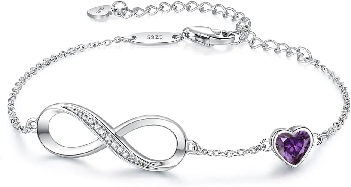 CDE Infinity Heart Birthstone Charm Link Bracelet for Women 925 Sterling Silver Adjustable Mother's Day Gift Anniversary Birthday Jewelry for Wife Girlfriend Her