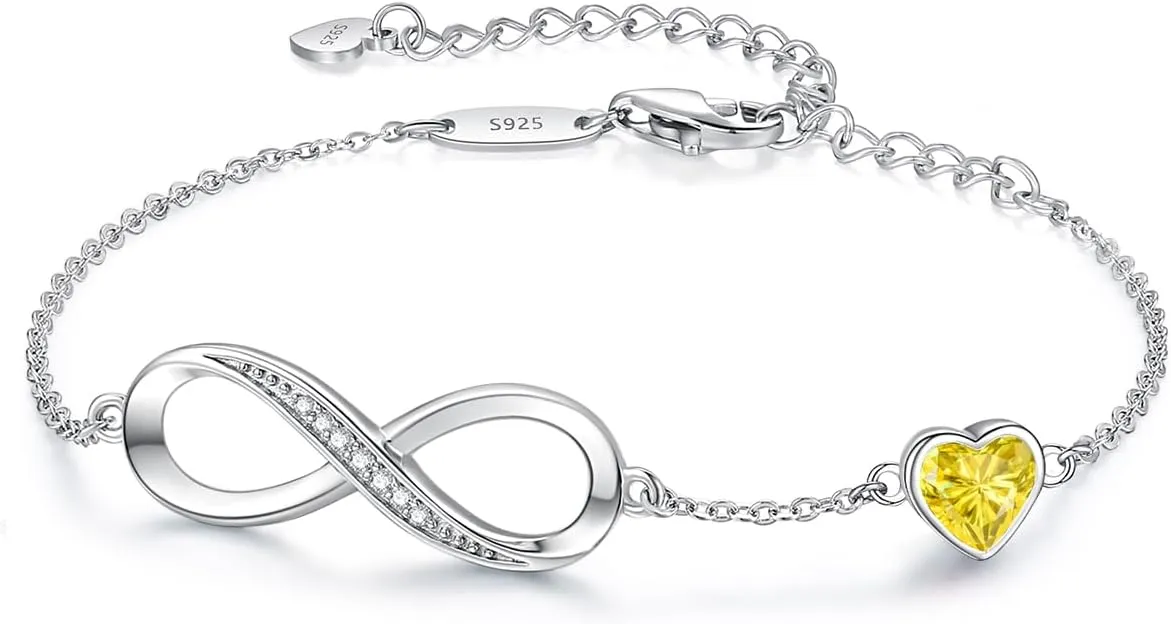 CDE Infinity Heart Birthstone Charm Link Bracelet for Women 925 Sterling Silver Adjustable Mother's Day Gift Anniversary Birthday Jewelry for Wife Girlfriend Her