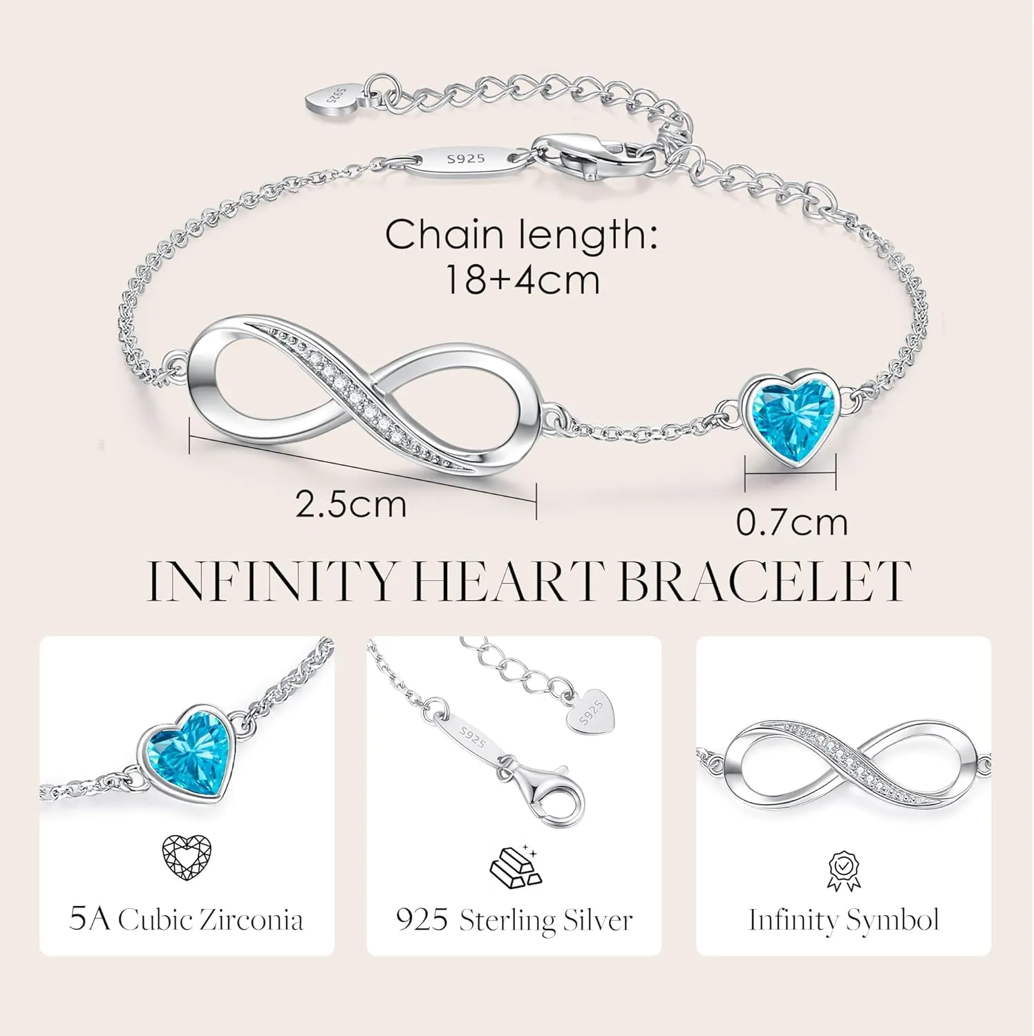 CDE Infinity Heart Birthstone Charm Link Bracelet for Women 925 Sterling Silver Adjustable Mother's Day Gift Anniversary Birthday Jewelry for Wife Girlfriend Her