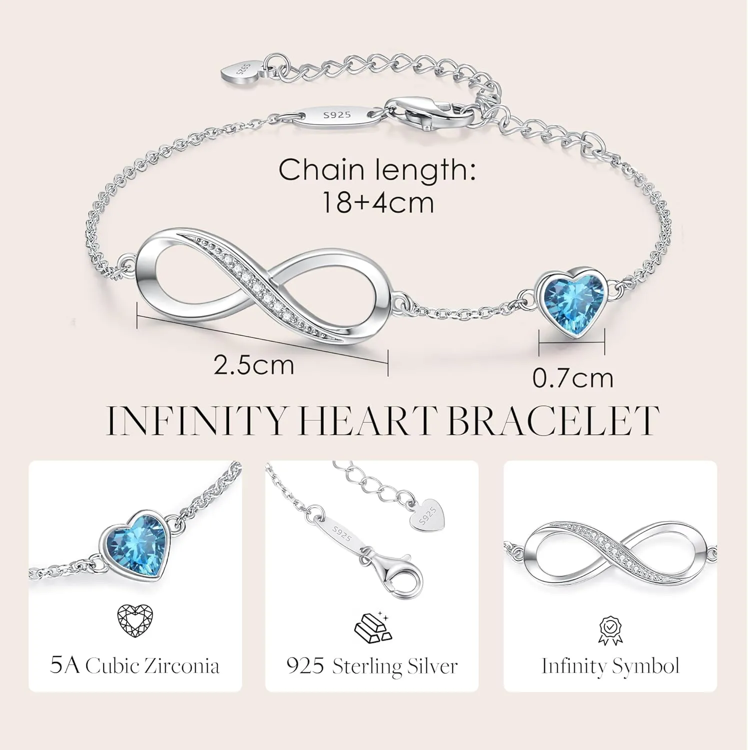 CDE Infinity Heart Birthstone Charm Link Bracelet for Women 925 Sterling Silver Adjustable Mother's Day Gift Anniversary Birthday Jewelry for Wife Girlfriend Her
