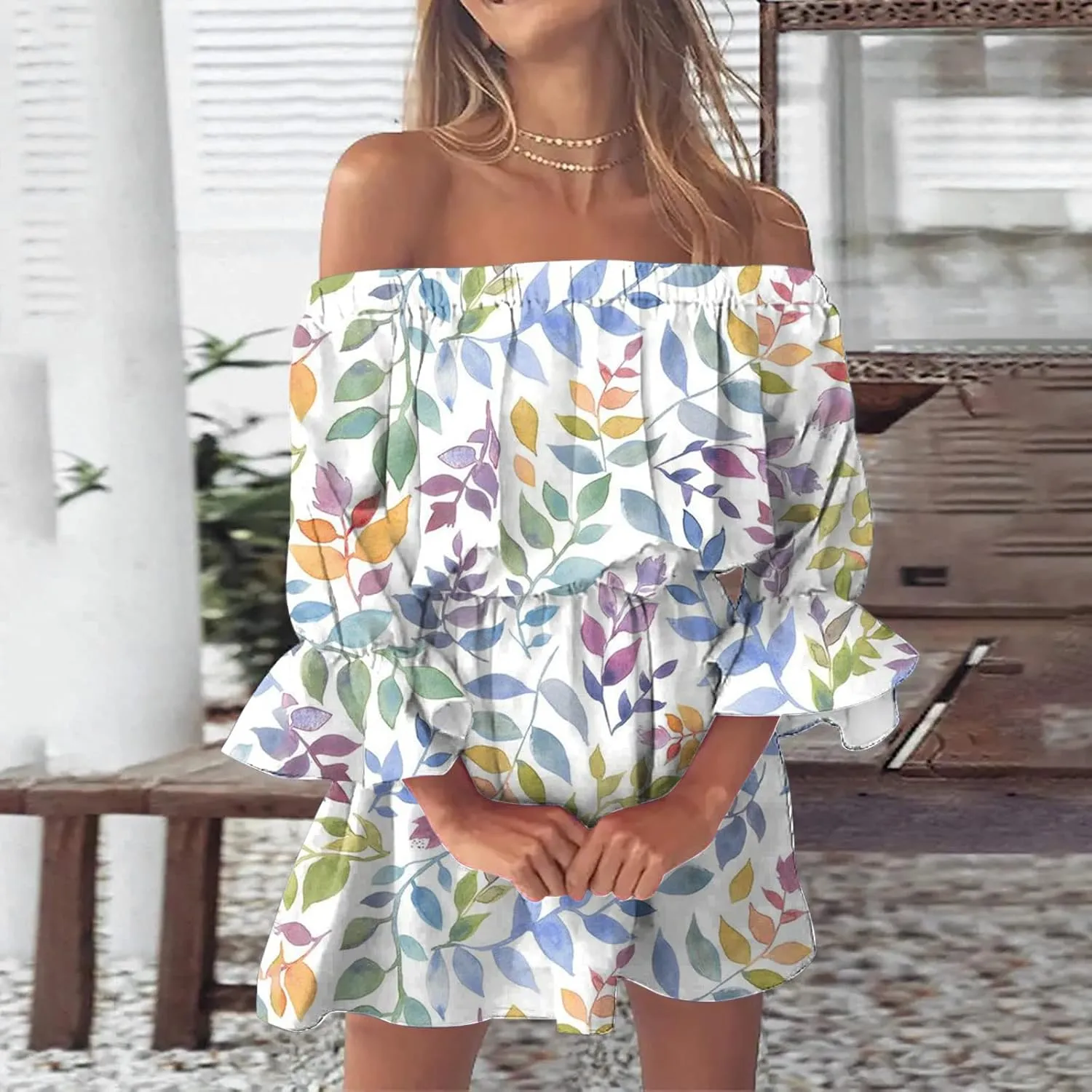Ceboyel Women Off Shoulder Hawaiian Sundress Boho Ruffle Dresses Swing Beach Dress Sexy Casual Tropical Vacation Clothes