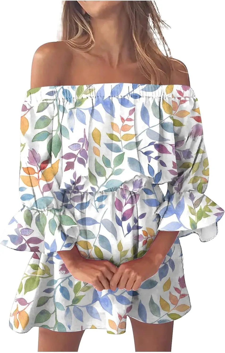 Ceboyel Women Off Shoulder Hawaiian Sundress Boho Ruffle Dresses Swing Beach Dress Sexy Casual Tropical Vacation Clothes