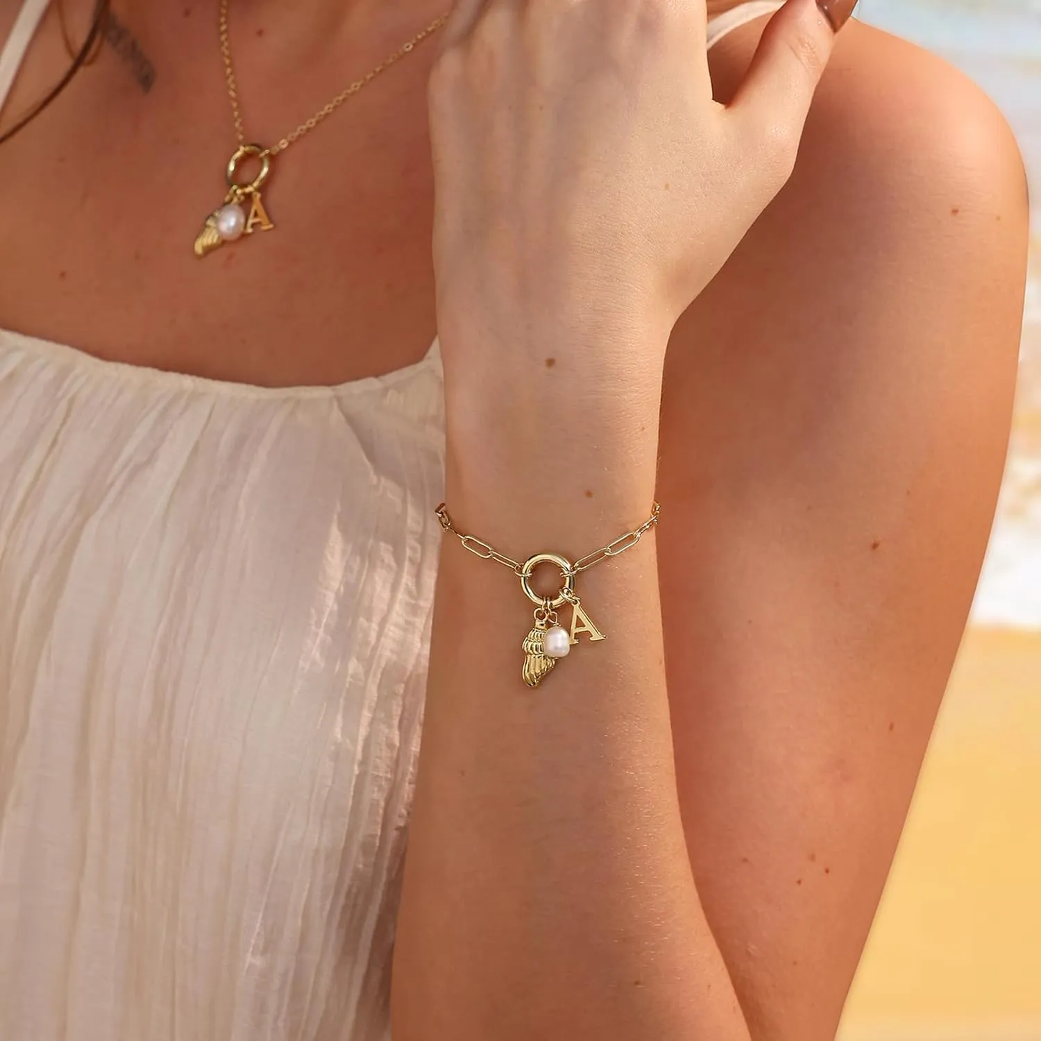 Charm Bracelets for Women, 14K Gold Plated Dainty Conch Initial Bracelets Gold Pearl Bracelets Personalized Gold Jewelry for Women