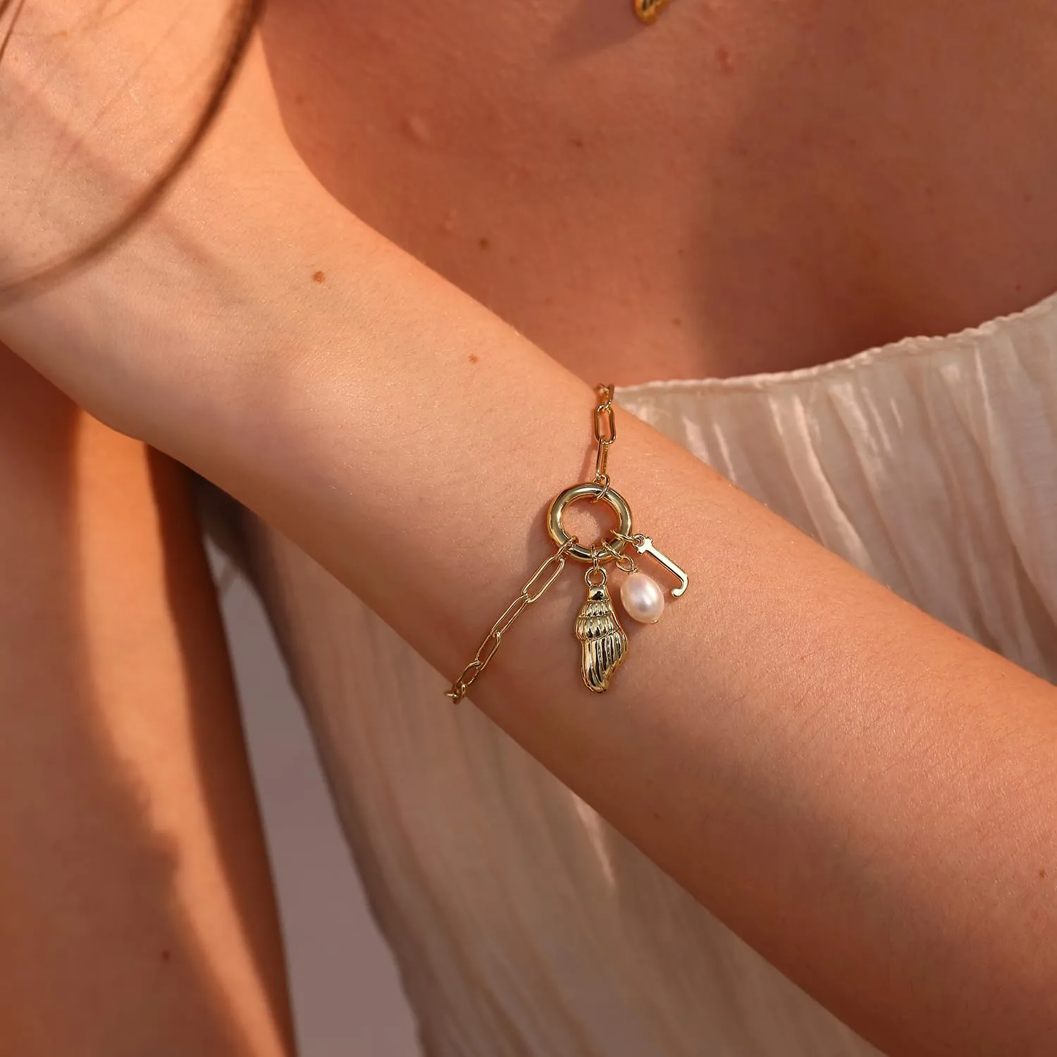 Charm Bracelets for Women, 14K Gold Plated Dainty Conch Initial Bracelets Gold Pearl Bracelets Personalized Gold Jewelry for Women