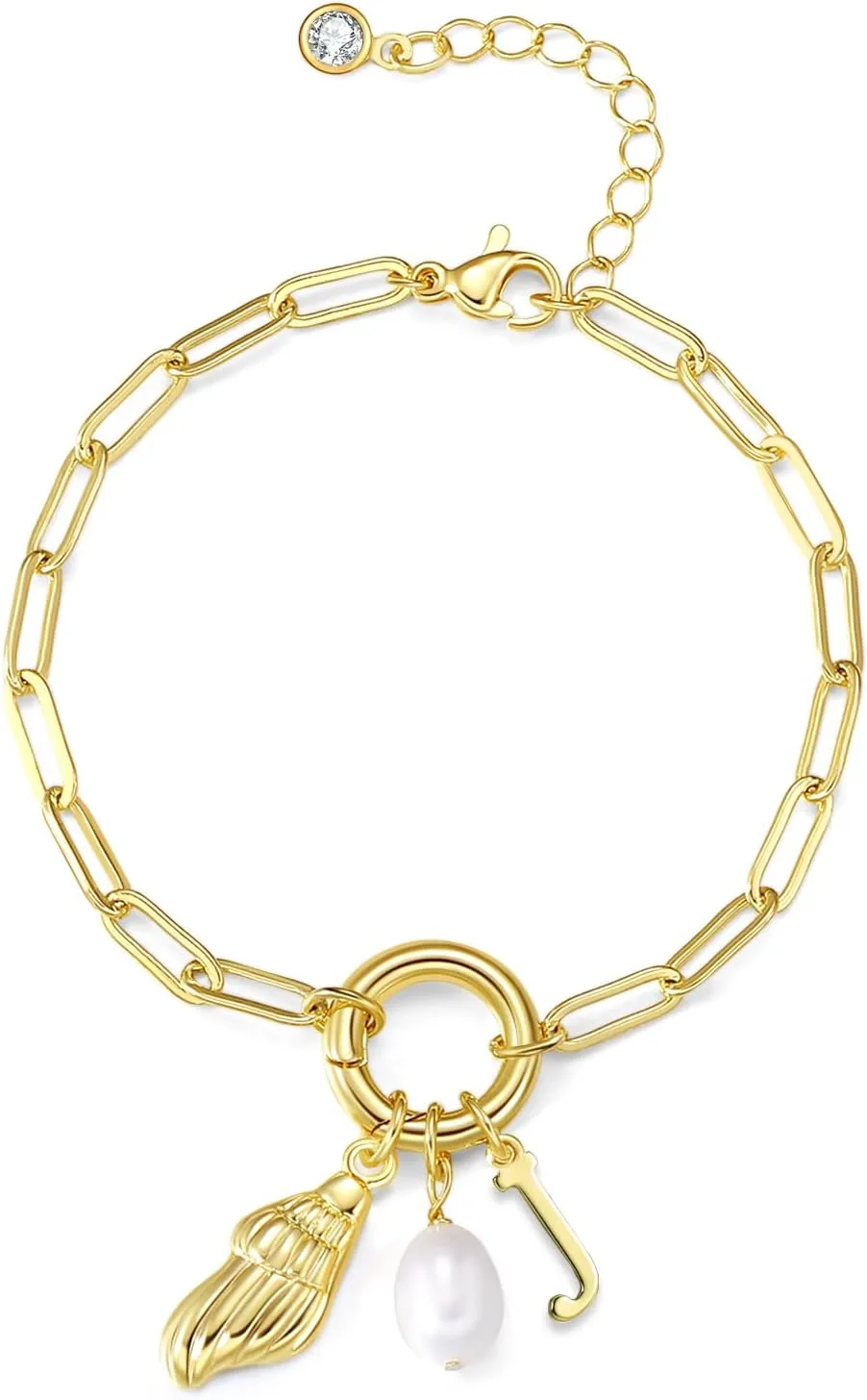 Charm Bracelets for Women, 14K Gold Plated Dainty Conch Initial Bracelets Gold Pearl Bracelets Personalized Gold Jewelry for Women