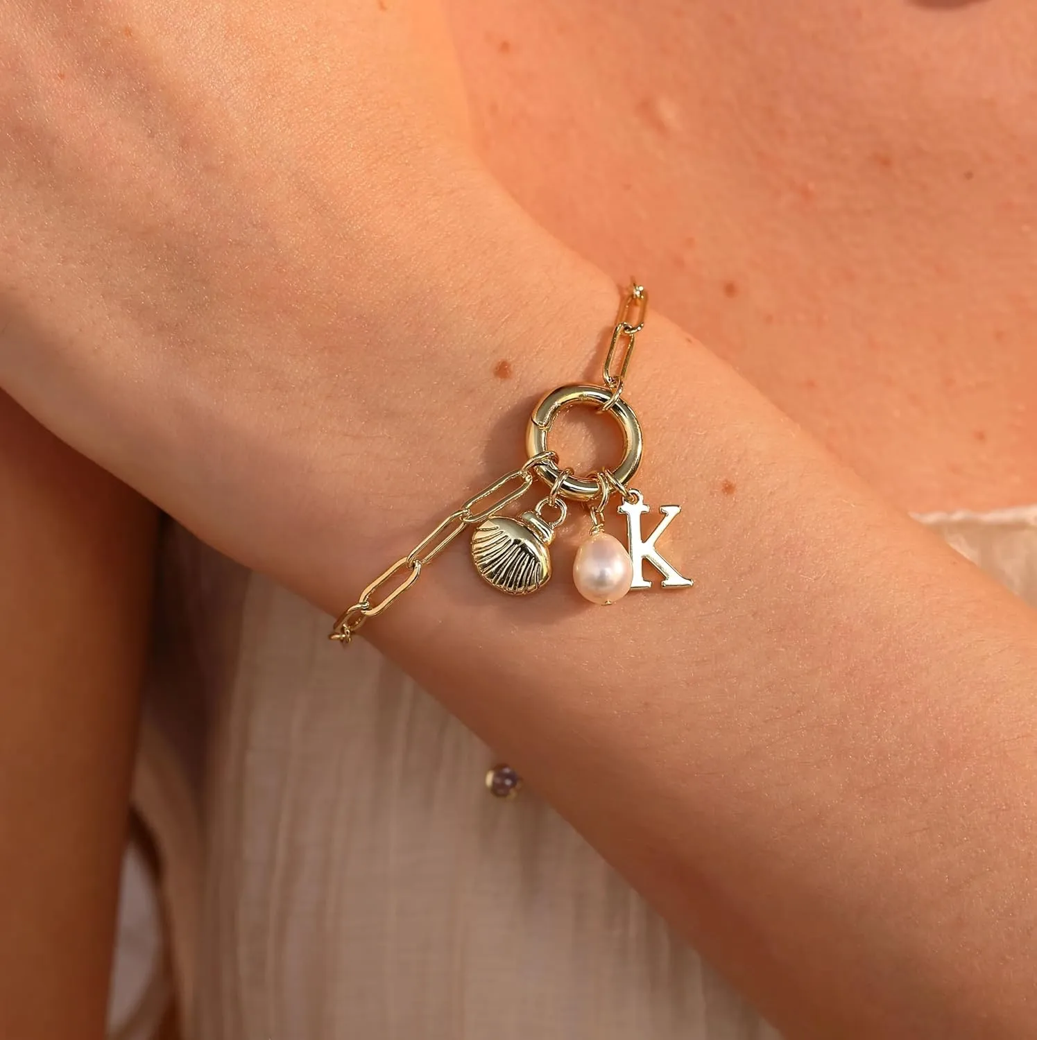 Charm Bracelets for Women - Gold Shell & Pearl Bracelets with Initial & Letter Charms