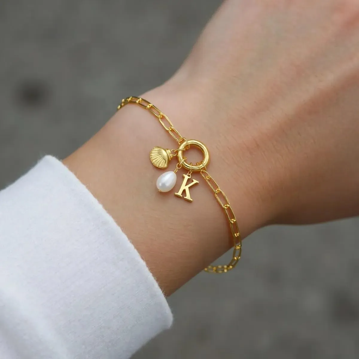 Charm Bracelets for Women - Gold Shell & Pearl Bracelets with Initial & Letter Charms