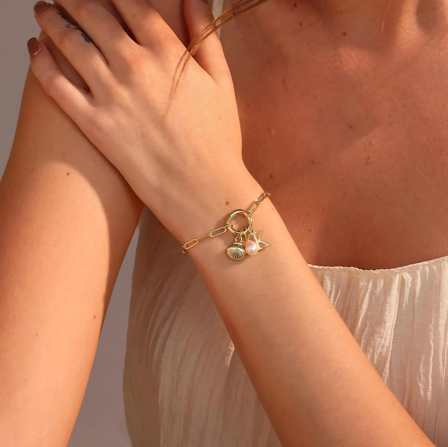 Charm Bracelets for Women - Gold Shell & Pearl Bracelets with Initial & Letter Charms