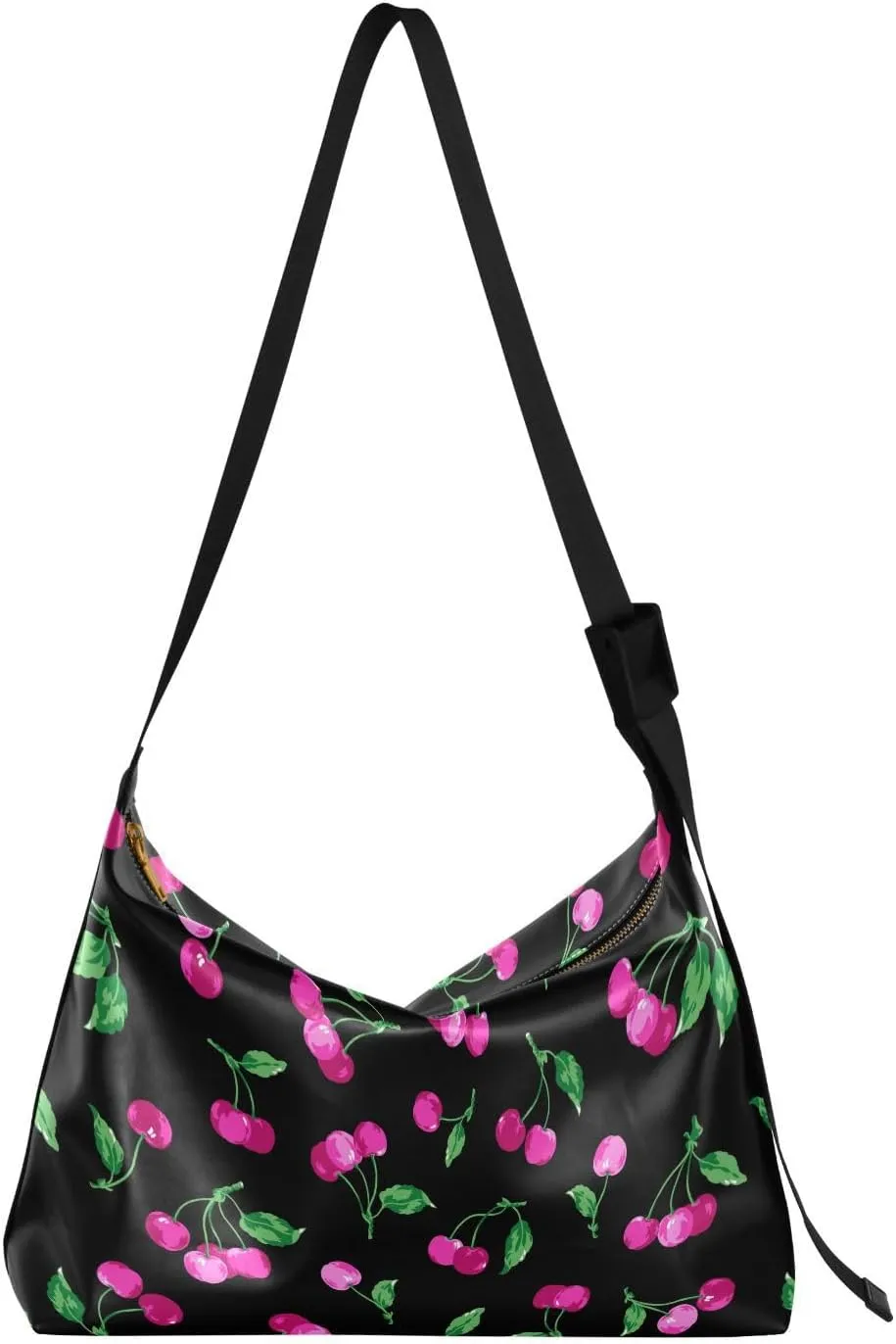 Cherry Fruit Hobo Crossbody Bags for Women Leather Large Shoulder Bag Cross Body Hand Painted Trendy Womens Tote Bags Handbag for Travel Shopping