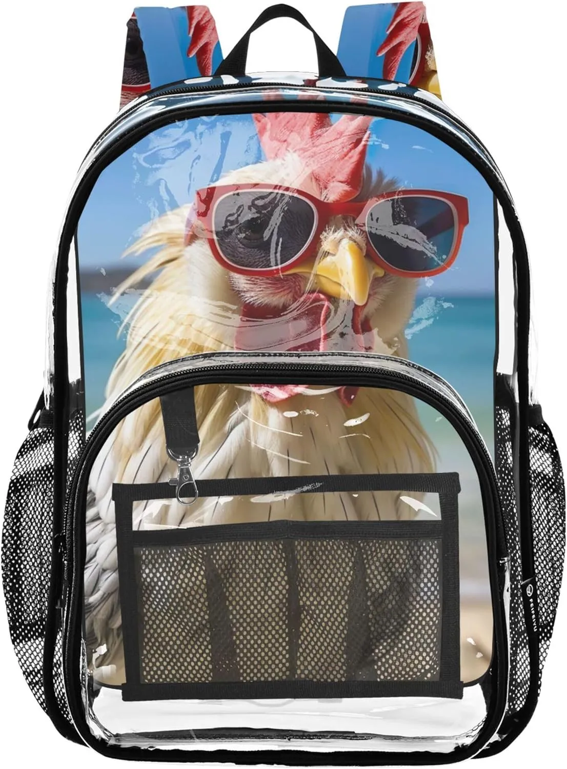 Chicken Beach Funny Animal Travel Clear Backpack Floral Kids Backpack for Girls Large Plastic Approved Bag