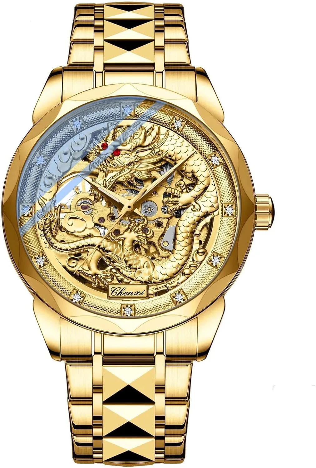 Chinese Nation Culture and Art 3D Embossed Dragon Pattern Gold Automatic Mechanical Stainless Steel Watch for Men