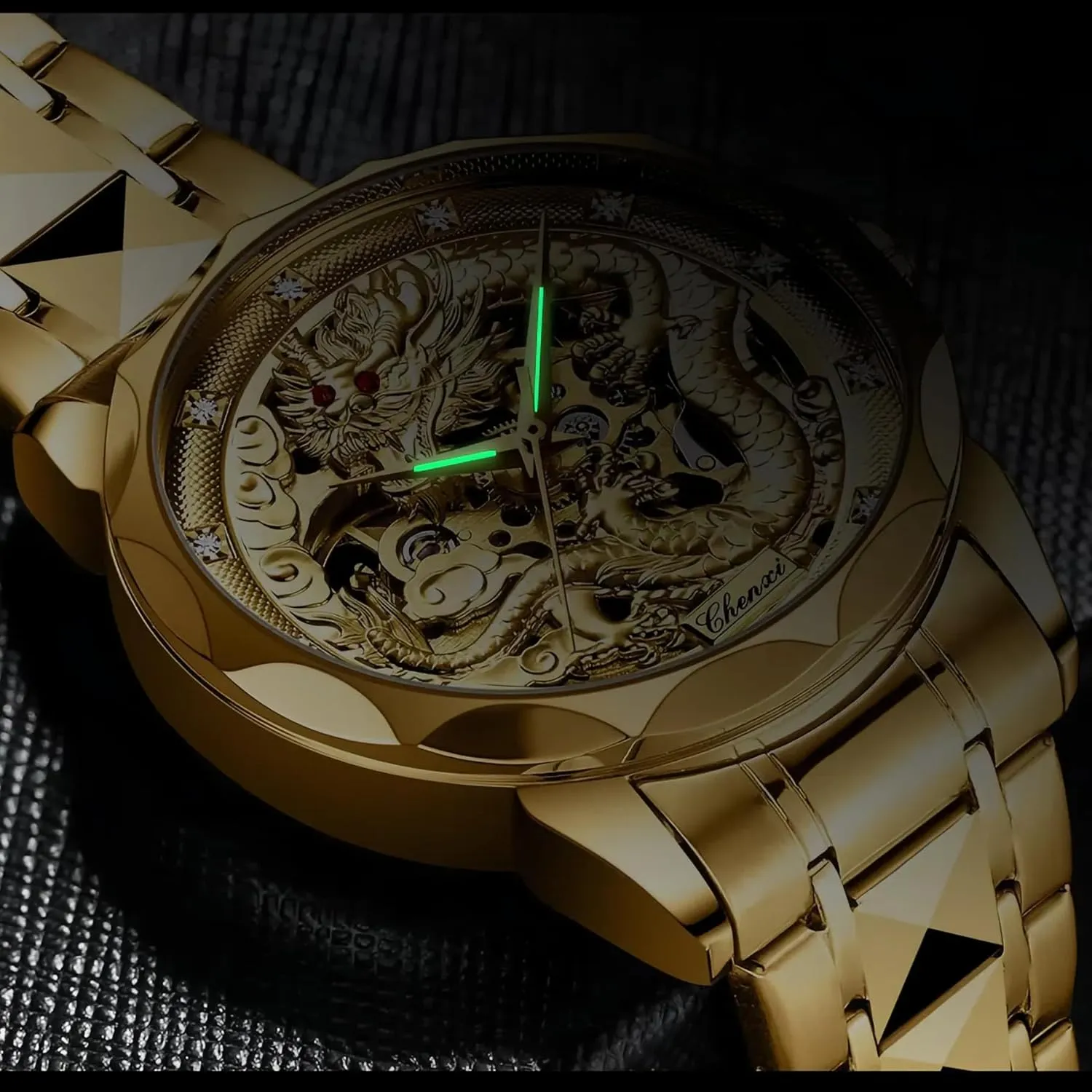 Chinese Nation Culture and Art 3D Embossed Dragon Pattern Gold Automatic Mechanical Stainless Steel Watch for Men
