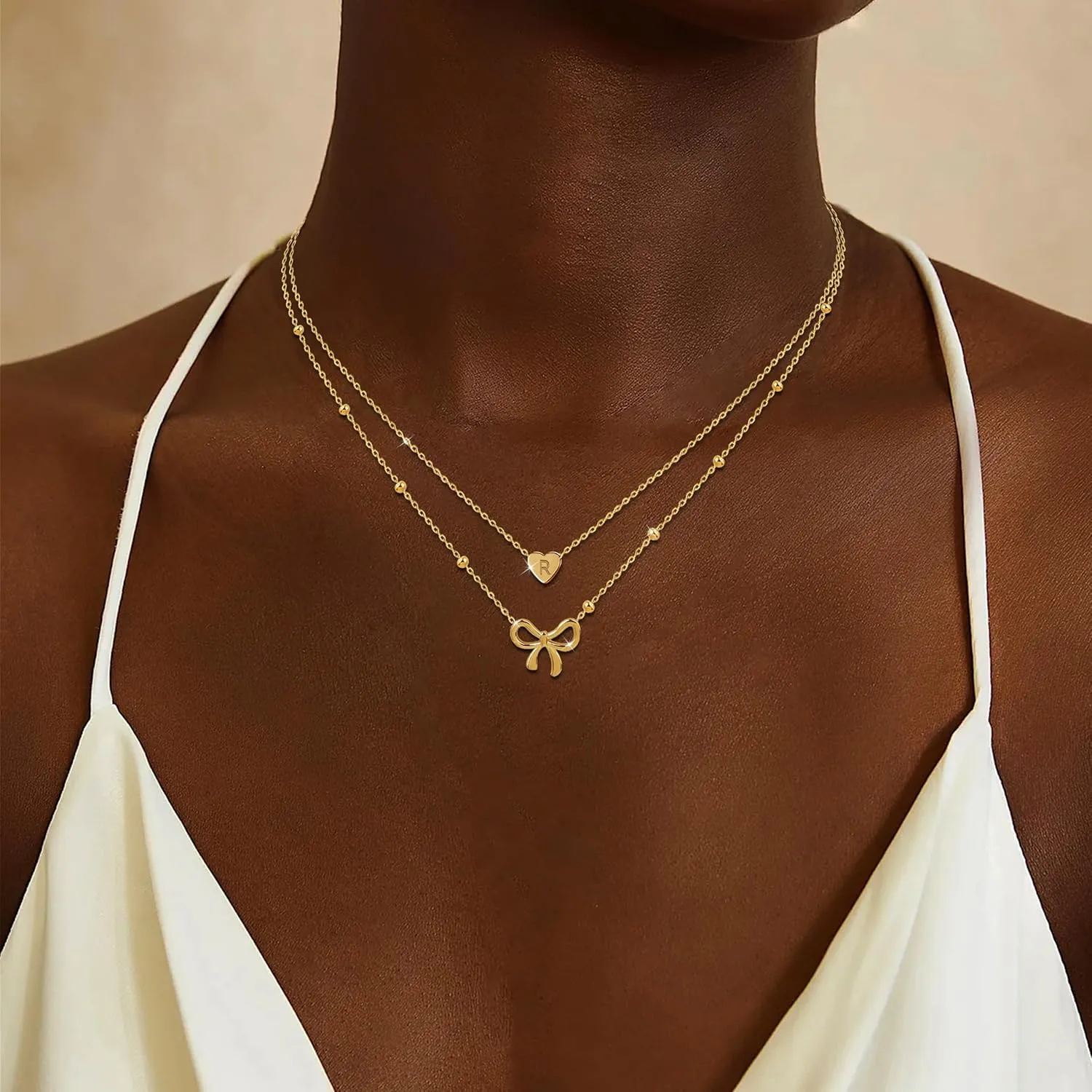 Choistily Layered Gold Initial Necklace for Women Personalized Bow Letter Pendant Stackable Jewelry Gift