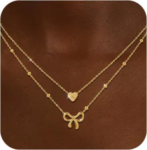 Choistily Layered Gold Initial Necklace for Women Personalized Bow Letter Pendant Stackable Jewelry Gift