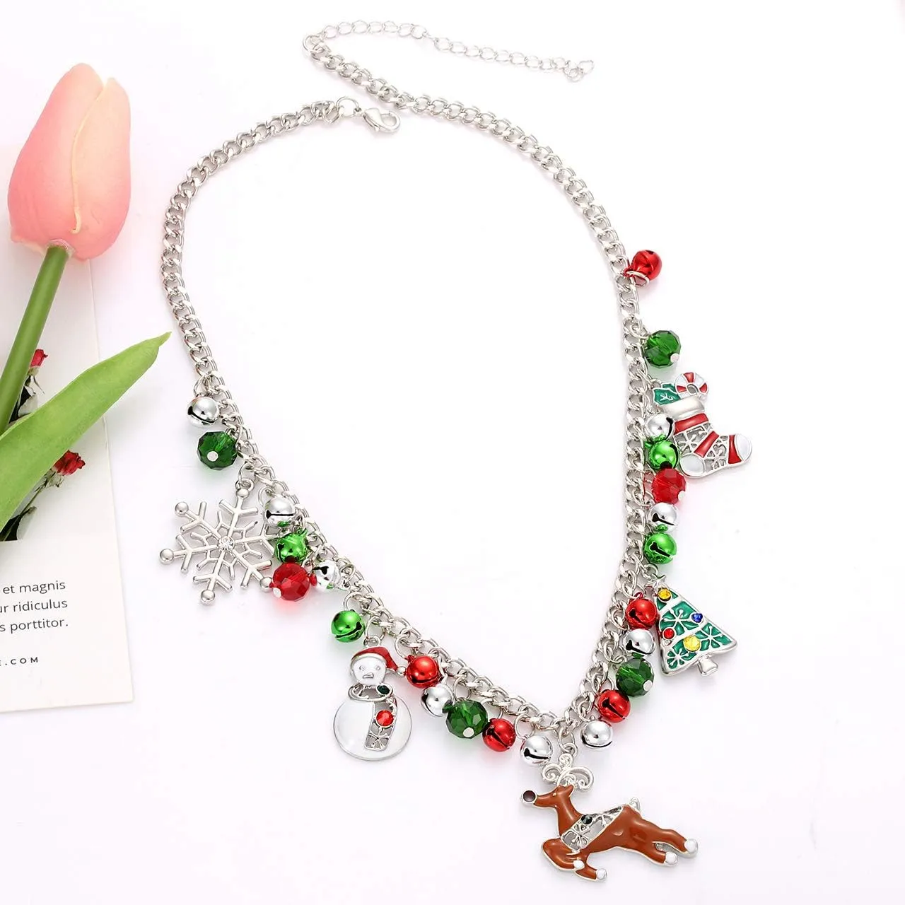 Christmas Bell Necklaces X-Mas Tree Snowman Snowflake Pendant Necklaces Statement Chunky Chain Necklace for Women Girls Holiday Christmas Gift