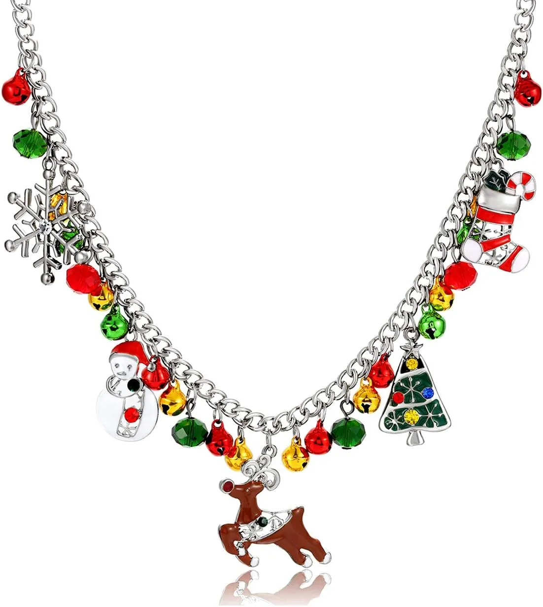 Christmas Bell Necklaces X-Mas Tree Snowman Snowflake Pendant Necklaces Statement Chunky Chain Necklace for Women Girls Holiday Christmas Gift