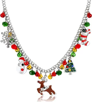 Christmas Bell Necklaces X-Mas Tree Snowman Snowflake Pendant Necklaces Statement Chunky Chain Necklace for Women Girls Holiday Christmas Gift