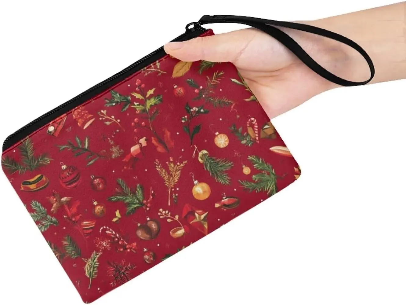 Christmas Leaves Print Purses for Women Small Coins Purse with Wristlet Strap Change Purse for Coins Cash Pouch with Zipper Wallet for Travel Outdoor