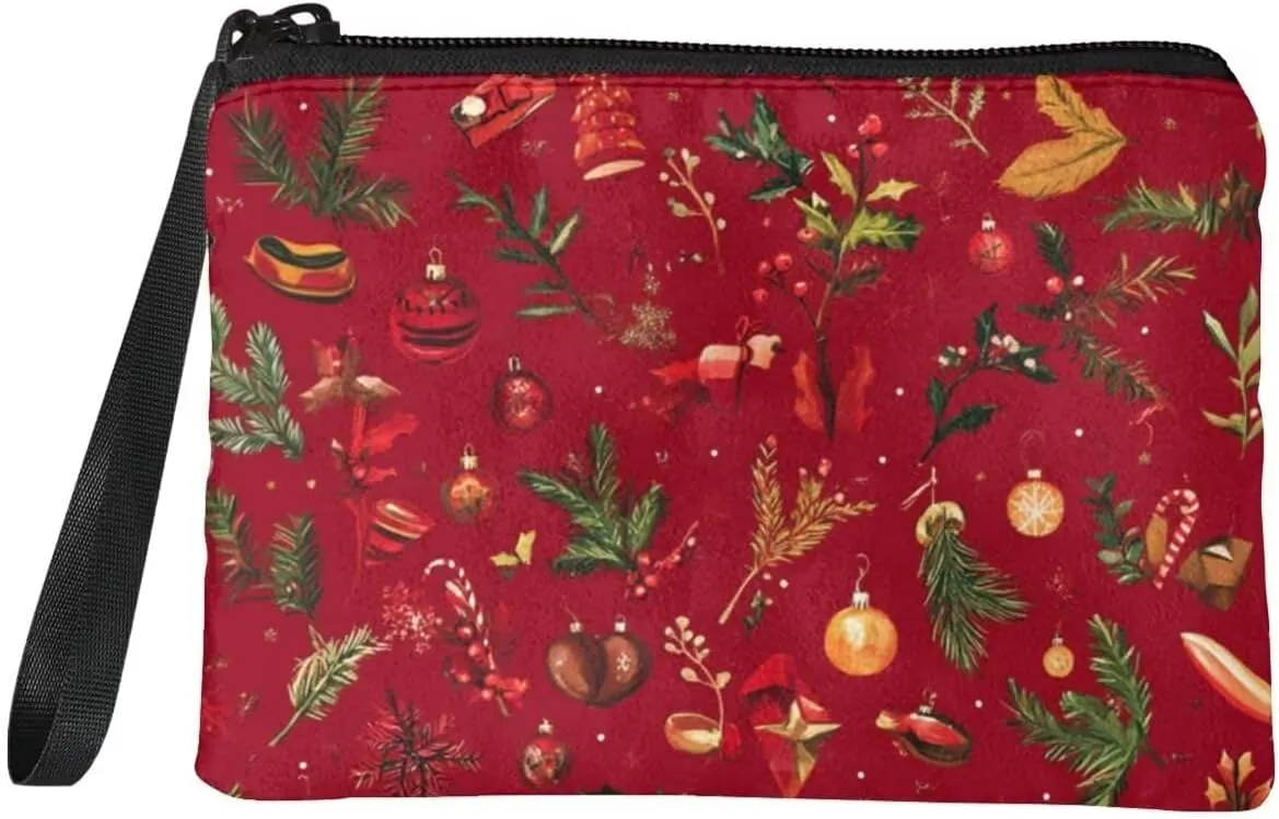 Christmas Leaves Print Purses for Women Small Coins Purse with Wristlet Strap Change Purse for Coins Cash Pouch with Zipper Wallet for Travel Outdoor