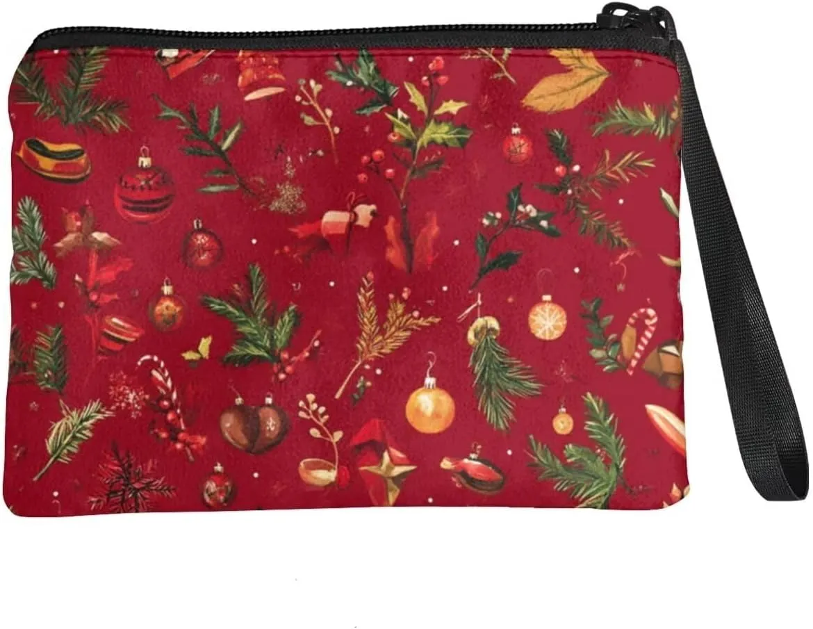 Christmas Leaves Print Purses for Women Small Coins Purse with Wristlet Strap Change Purse for Coins Cash Pouch with Zipper Wallet for Travel Outdoor