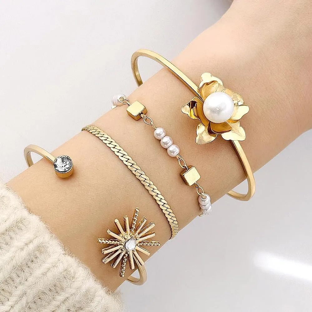 Chunky Gold Bracelets for Women Boho Stackable Bangle Cuff Bracelet Set Layered Heart Flower CZ Tennis Butterfly Statement Bracelets Dainty Jewelry Gifts