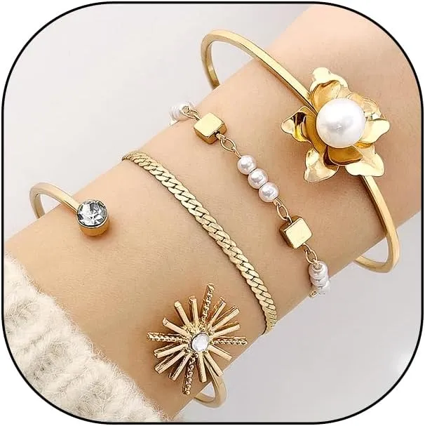 Chunky Gold Bracelets for Women Boho Stackable Bangle Cuff Bracelet Set Layered Heart Flower CZ Tennis Butterfly Statement Bracelets Dainty Jewelry Gifts