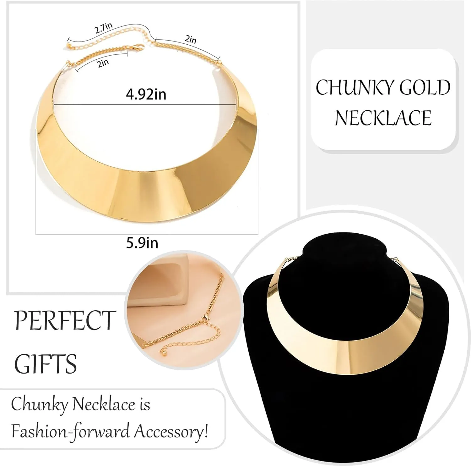Chunky Gold Necklace Gold Statement Necklace for Women Dainty Gold Choker Necklace Gold Chunky Necklace Gold Chain Charm Necklace Exaggerated Ethnic Big Statement Necklace Gold African Tribe Wide Metal Choker Jewelry
