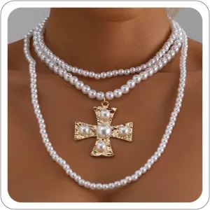 Chunky Gold Necklace Pearl Cross Necklace for Women Statement Necklaces Layered Pearl with Big Cross Necklaces Vintage Pendant Jewelry Christmas