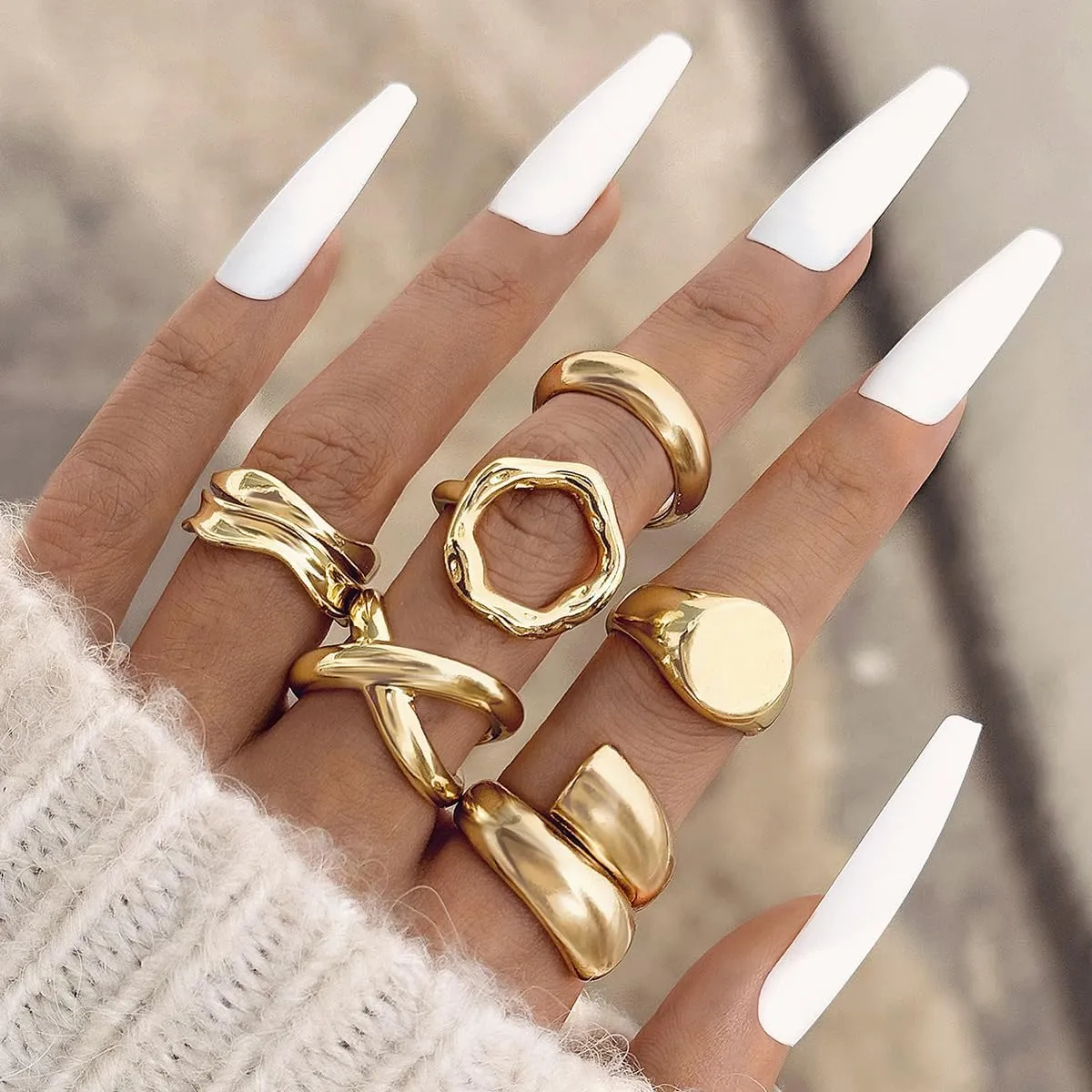 Chunky Gold Stackable Rings for Women Adjustable Round Dome Ring Set Bold Thick Geometric Hug Bowknot Knuckle Rings Solid Minimalist Statement Jewelry Gift