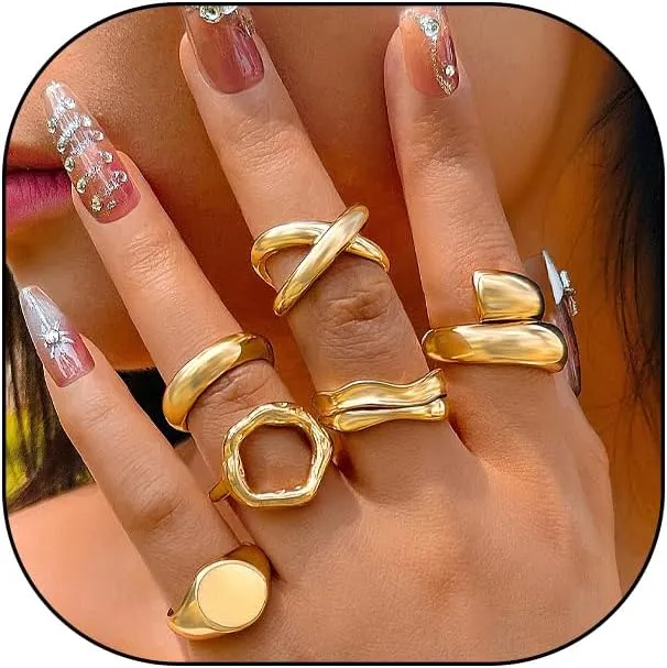 Chunky Gold Stackable Rings for Women Adjustable Round Dome Ring Set Bold Thick Geometric Hug Bowknot Knuckle Rings Solid Minimalist Statement Jewelry Gift