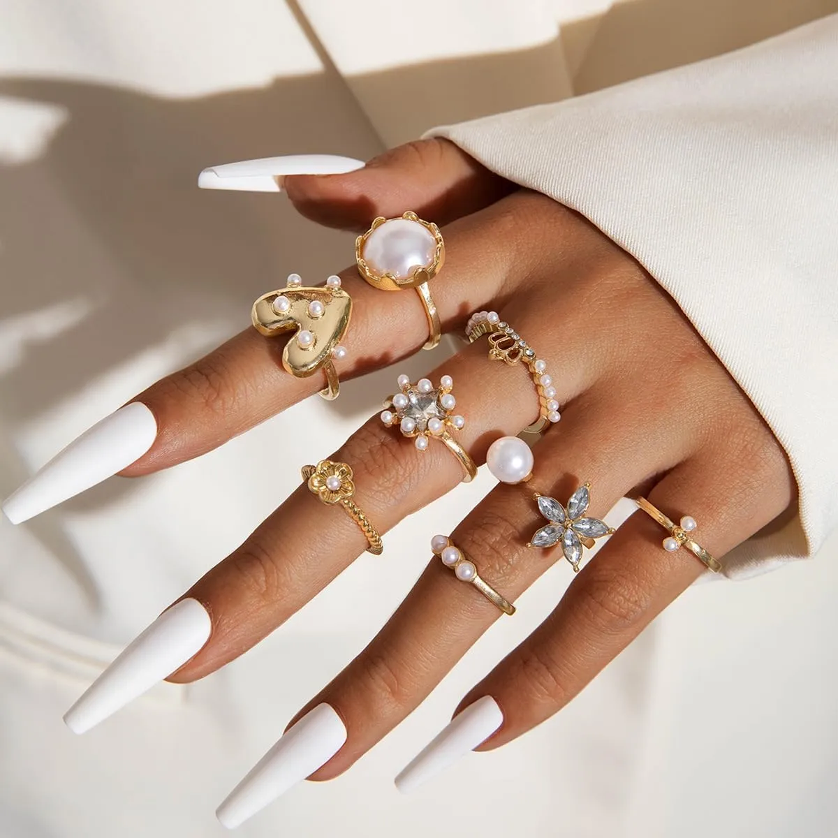 Chunky Rings for Women14K Gold/Silver Plated Adjustable Knuckle Rings Stackable Ring Sets Minimalist Irregular Statement Ring Dome Pearl Ring for Women