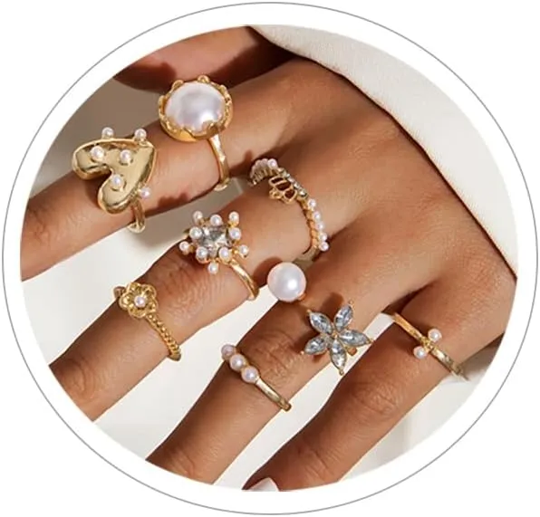 Chunky Rings for Women14K Gold/Silver Plated Adjustable Knuckle Rings Stackable Ring Sets Minimalist Irregular Statement Ring Dome Pearl Ring for Women
