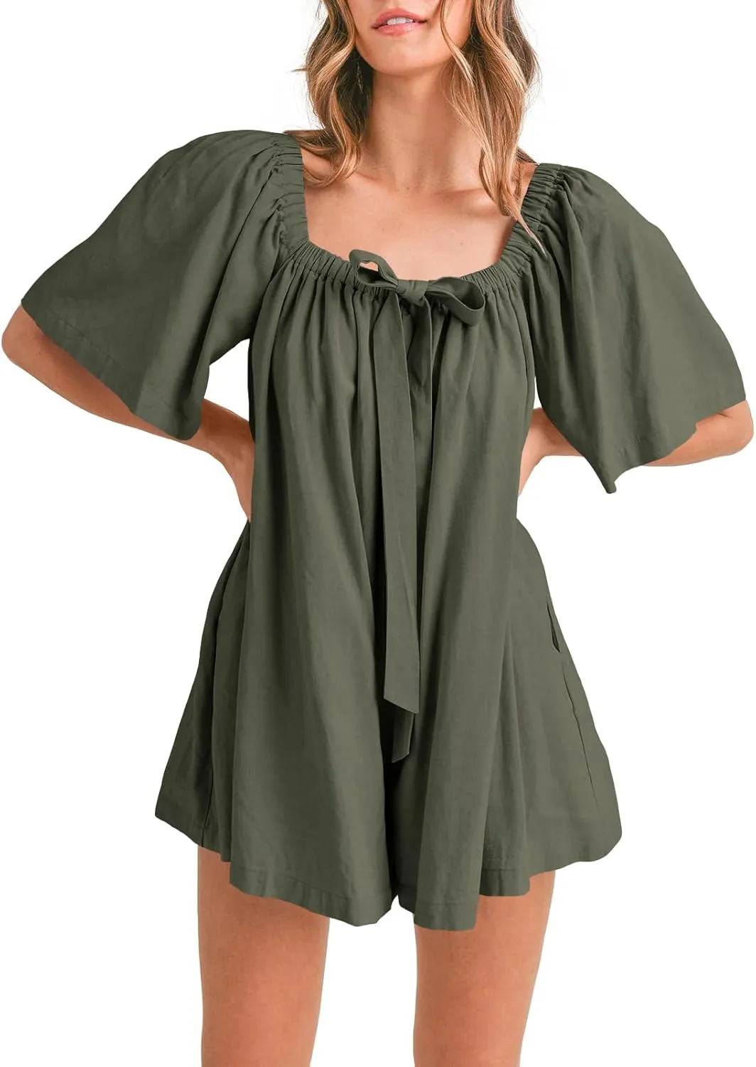 Cicy Bell Womens Summer Off Shoulder Romper Half Sleeve Backless Tie Front Flowy Short Jumpsuit Beach Vacation Outfits