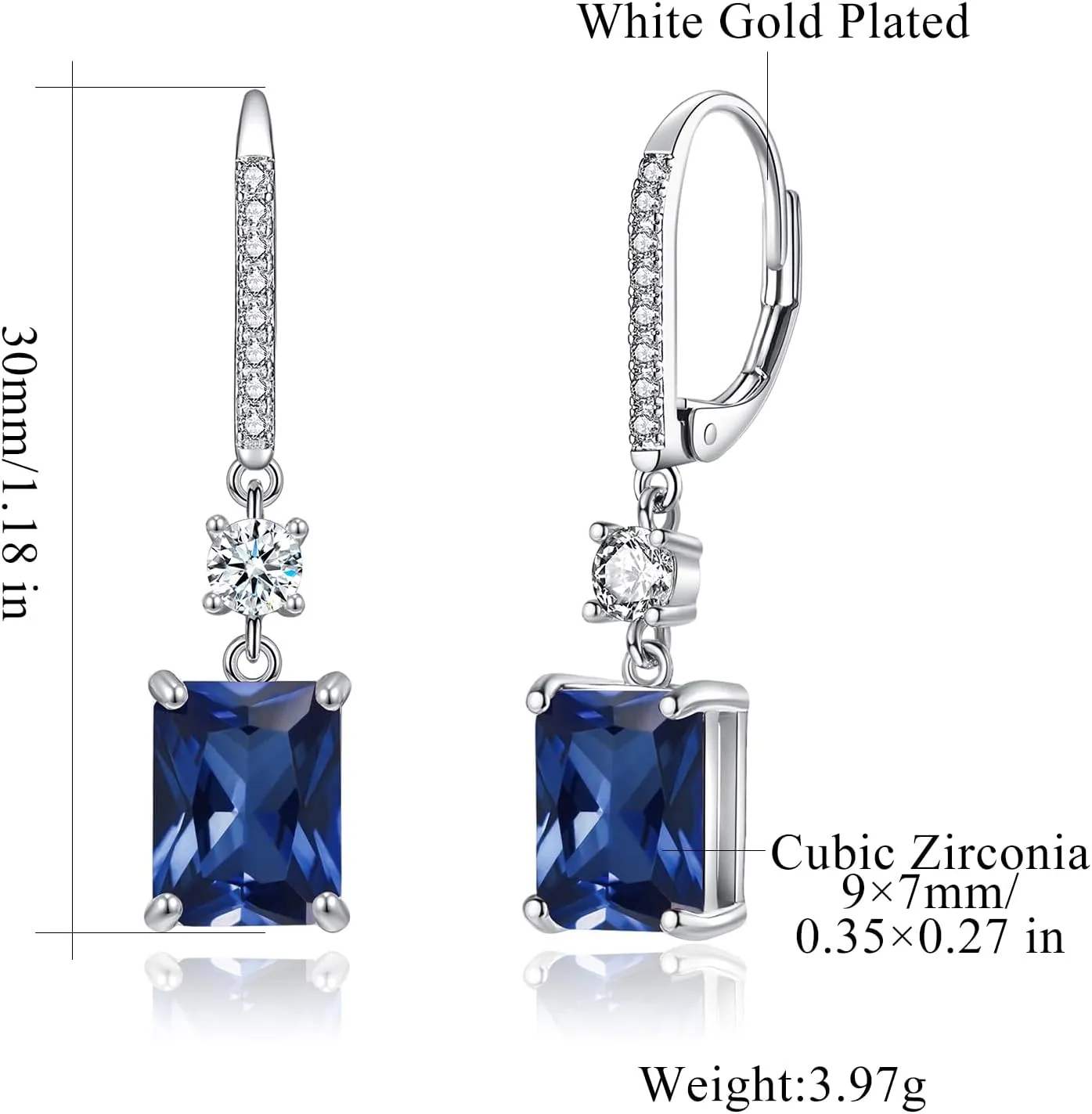 CiNily Rectangular-cut Drop Dangle Earrings for Women Hypoallergenic, Multi-color Cubic Zirconia Earrings Diamond Dangle Earrings Jewelry Gifts for Mothers Day 14K White Gold