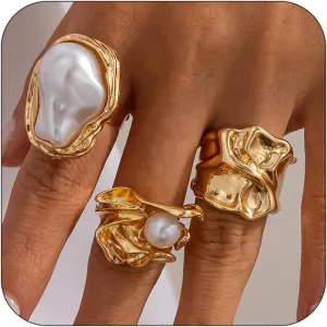 CJIAYUJEW Pearl Ring for Women Stacking Pearl Rings Set Gold Chunky Rings Adjustable Open Pearl Finger Ring Fake Pearl Ring Trendy Pearl Jewerly