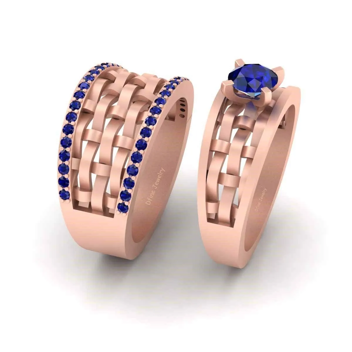 Classic Blue CZ Mesh Design His and Her Wedding Ring Band Set 2pc Matching Couple Rings