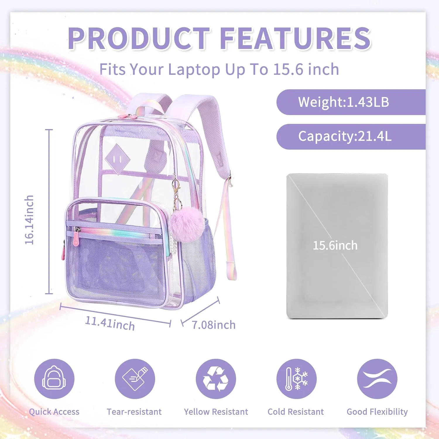 Clear Backpack Heavy Duty Transparent Backpack for School Clear Bags with Wider Shoulder Straps See Through Plastic Bags Sport Events Concert Stadium-Purple