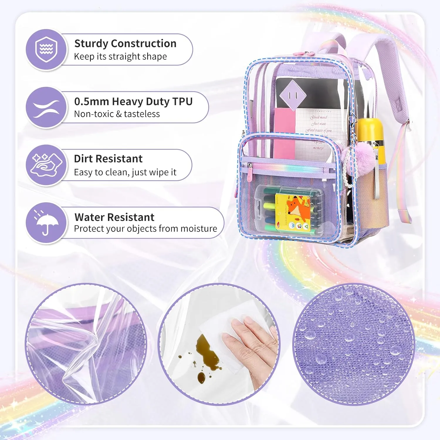 Clear Backpack Heavy Duty Transparent Backpack for School Clear Bags with Wider Shoulder Straps See Through Plastic Bags Sport Events Concert Stadium-Purple