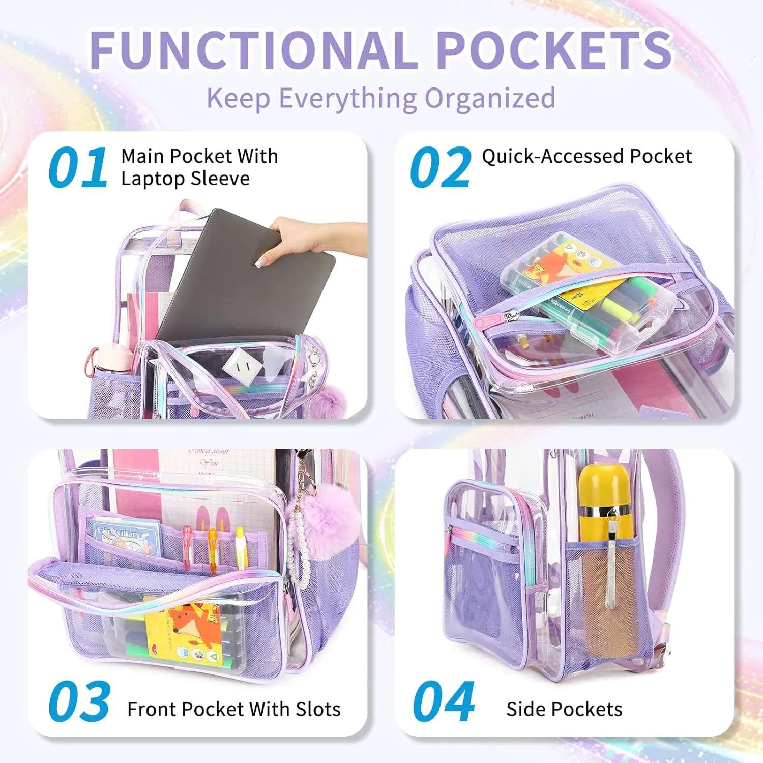 Clear Backpack Heavy Duty Transparent Backpack for School Clear Bags with Wider Shoulder Straps See Through Plastic Bags Sport Events Concert Stadium-Purple