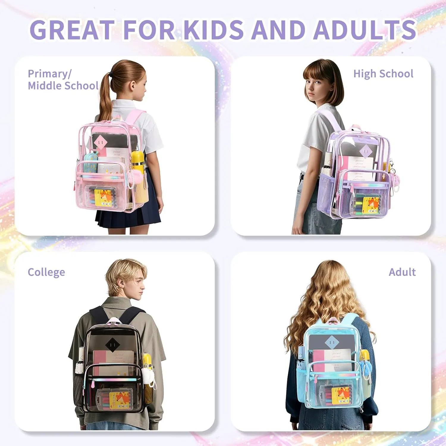 Clear Backpack Heavy Duty Transparent Backpack for School Clear Bags with Wider Shoulder Straps See Through Plastic Bags Sport Events Concert Stadium-Purple