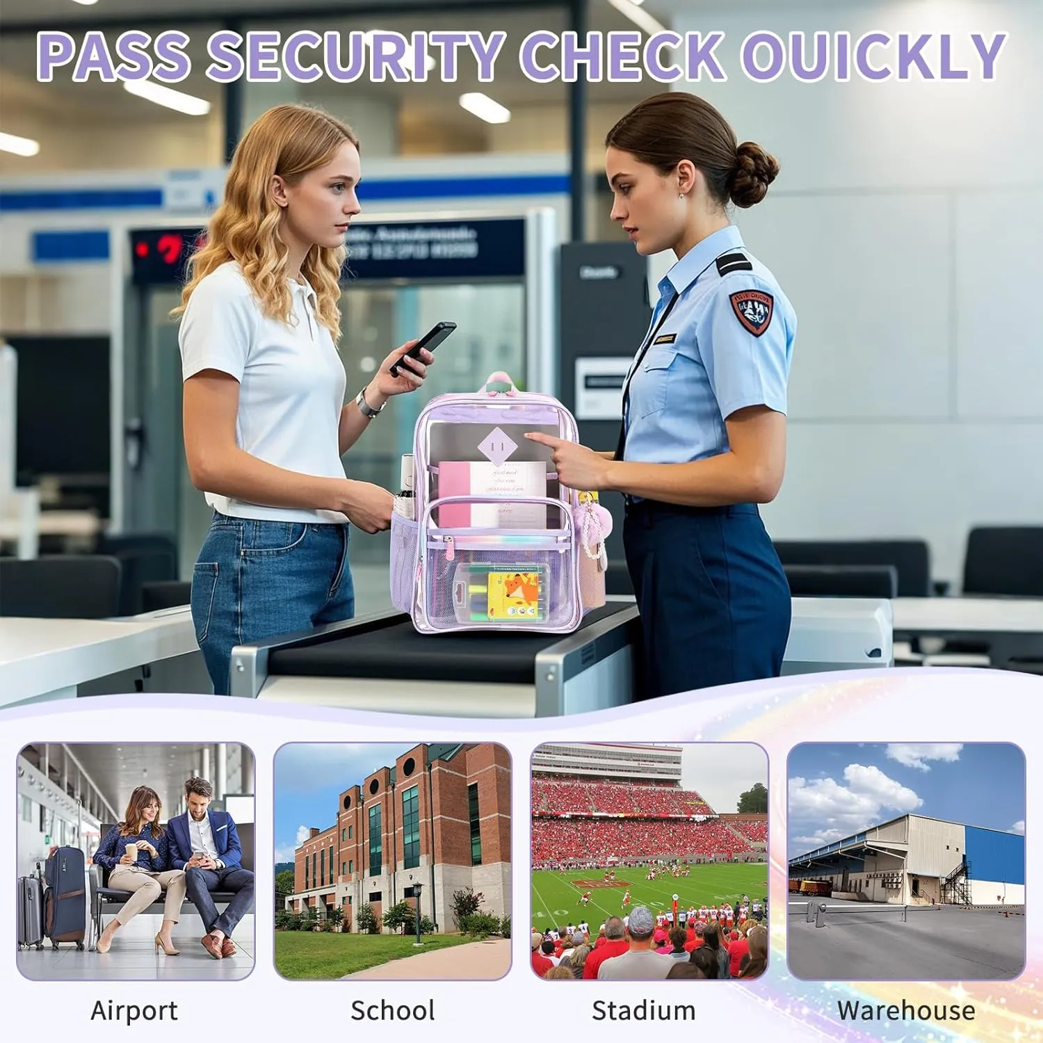 Clear Backpack Heavy Duty Transparent Backpack for School Clear Bags with Wider Shoulder Straps See Through Plastic Bags Sport Events Concert Stadium-Purple